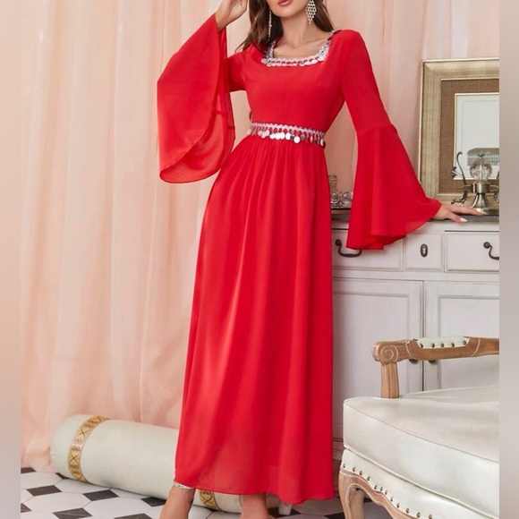 Red Flounce Sleeve Sequin Dress - Picture 3 of 13